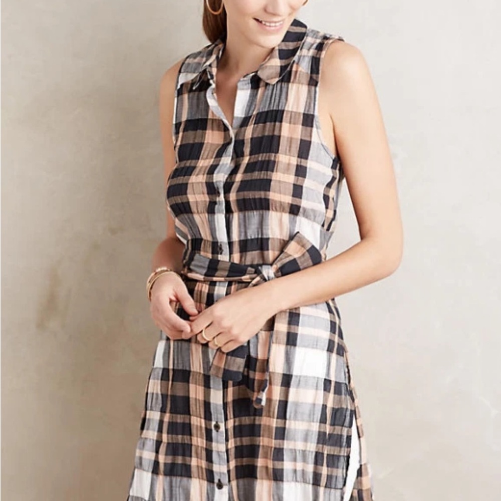 Anthropologie HOLDING HORSES Sunlit Plaid Tunic Blouse Rounded Hem Size2 No Belt